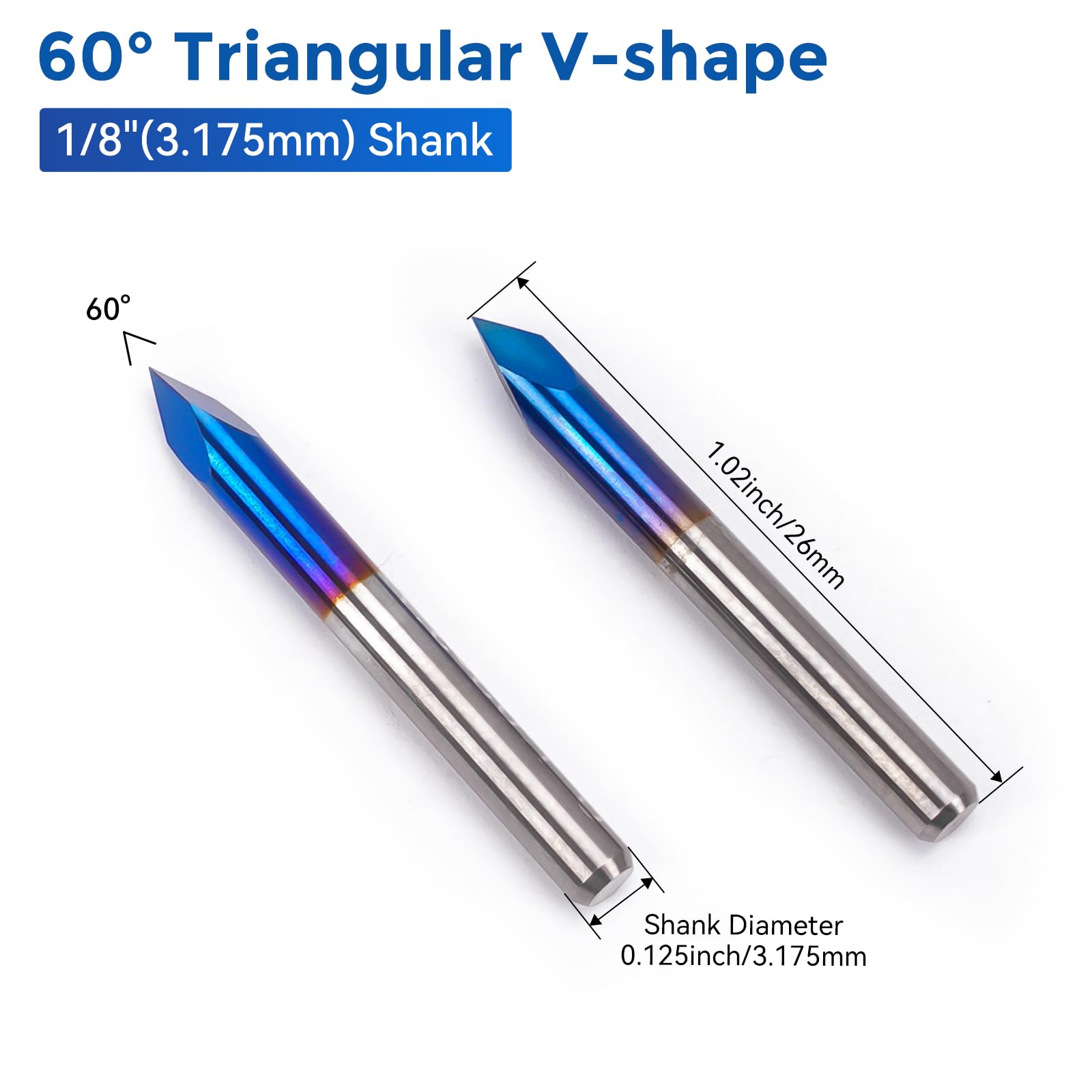 Ensemble de fraises à commande numérique par ordinateur triangulaires LUNYEE 60 degrés 0,1 mm, tige de 1/8" pour gravure et sculpture en V avec revêtement bleu nano 