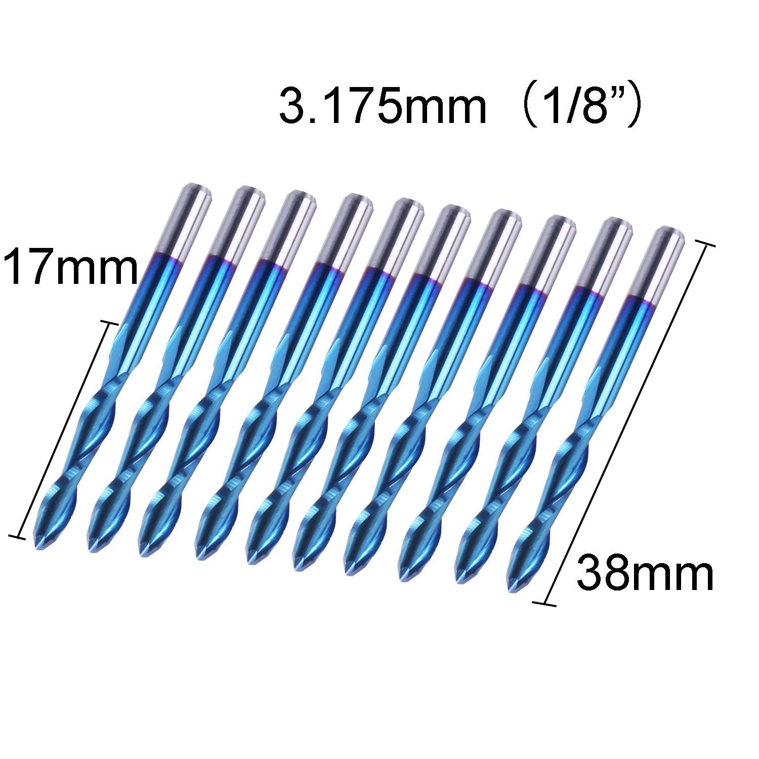 LUNYEE Lot de 10 fraises à bout sphérique à revêtement bleu Nano CNC, tige de 1/8" en spirale à 2 cannelures (3,175 x 17 x 38 mm) 