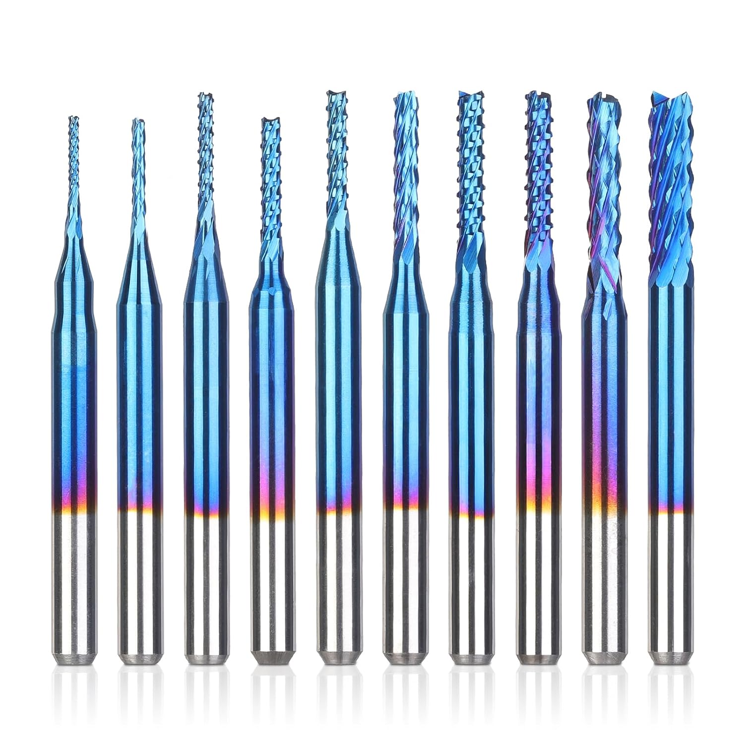 LUNYEE 10Pcs Nano Blue Coat End Mill CNC Router Bits, 0.8-3mm, 1/8" Shank