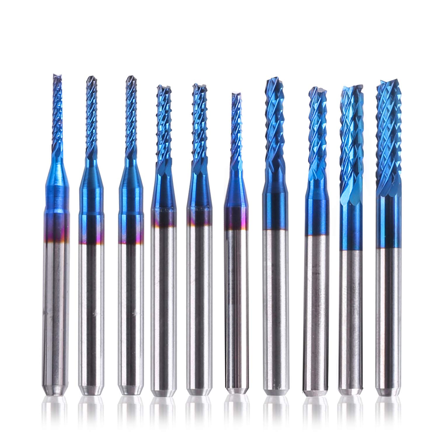 LUNYEE 10Pcs Nano Blue Coat End Mill CNC Router Bits, 1.5-3.175mm, 1/8" Shank