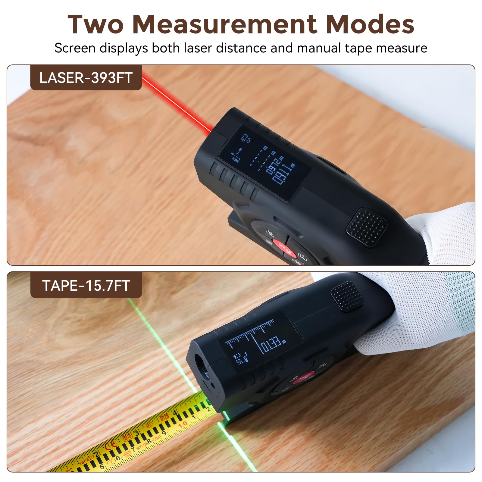 393Ft Digital Tape Measure with Laser - 3-in-1 Recharge Electronic Laser Measuring Tape