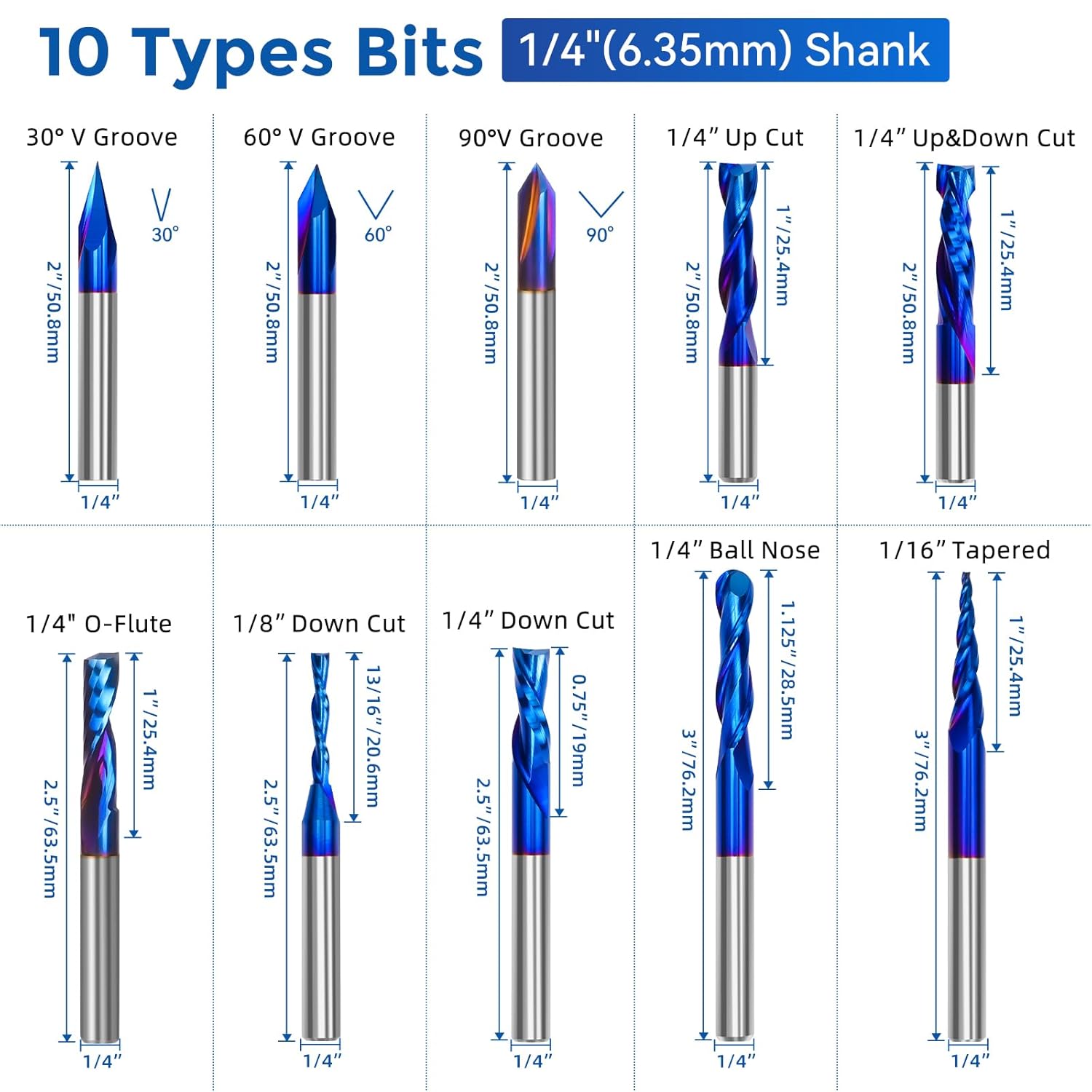 10PCS CNC Router Bits Set 1/4 Inch Shank