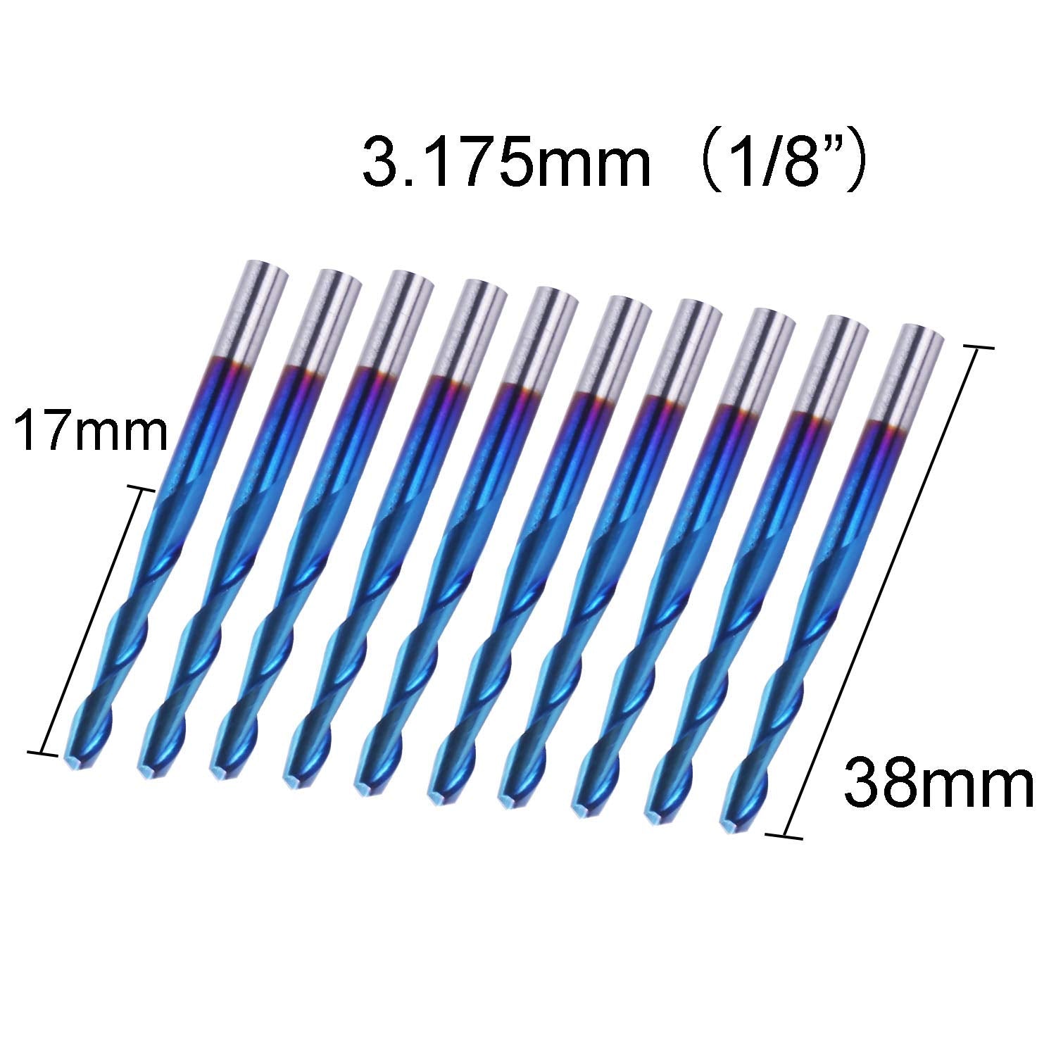 LUNYEE Lot de 10 fraises à bout plat à revêtement bleu Nano CNC, tige de 1/8" en spirale à 2 cannelures (3,175 x 17 x 38 mm) 