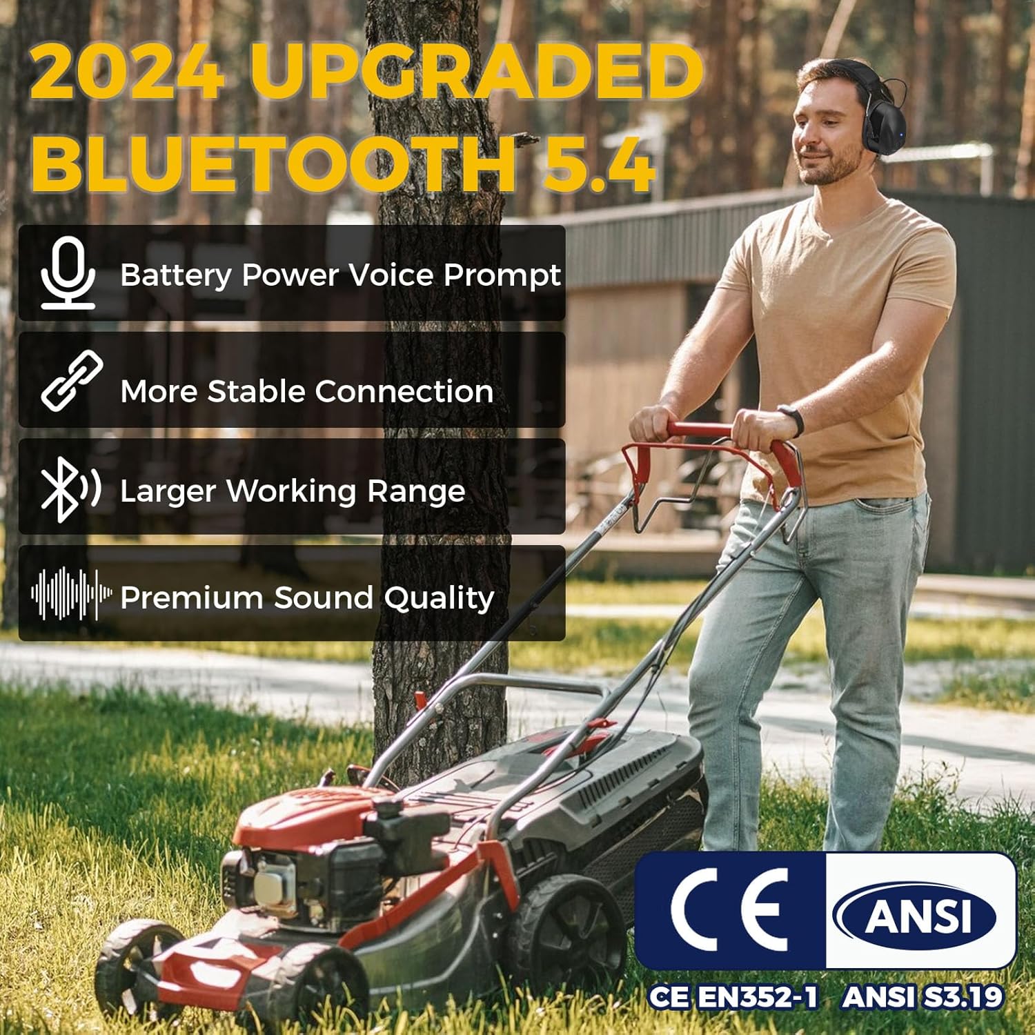 Bluetooth 5.4 Hearing Protection Headphones,30dB SNR Safety Noise Reduction Ear Muffs 120H Playtime for Mowing, Workshops, Snowblowing