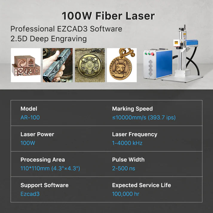 LUNYEE 100W MOPA 2.5D Fiber Laser Marking Engraver with 4.3” X 4.3” Scan Area