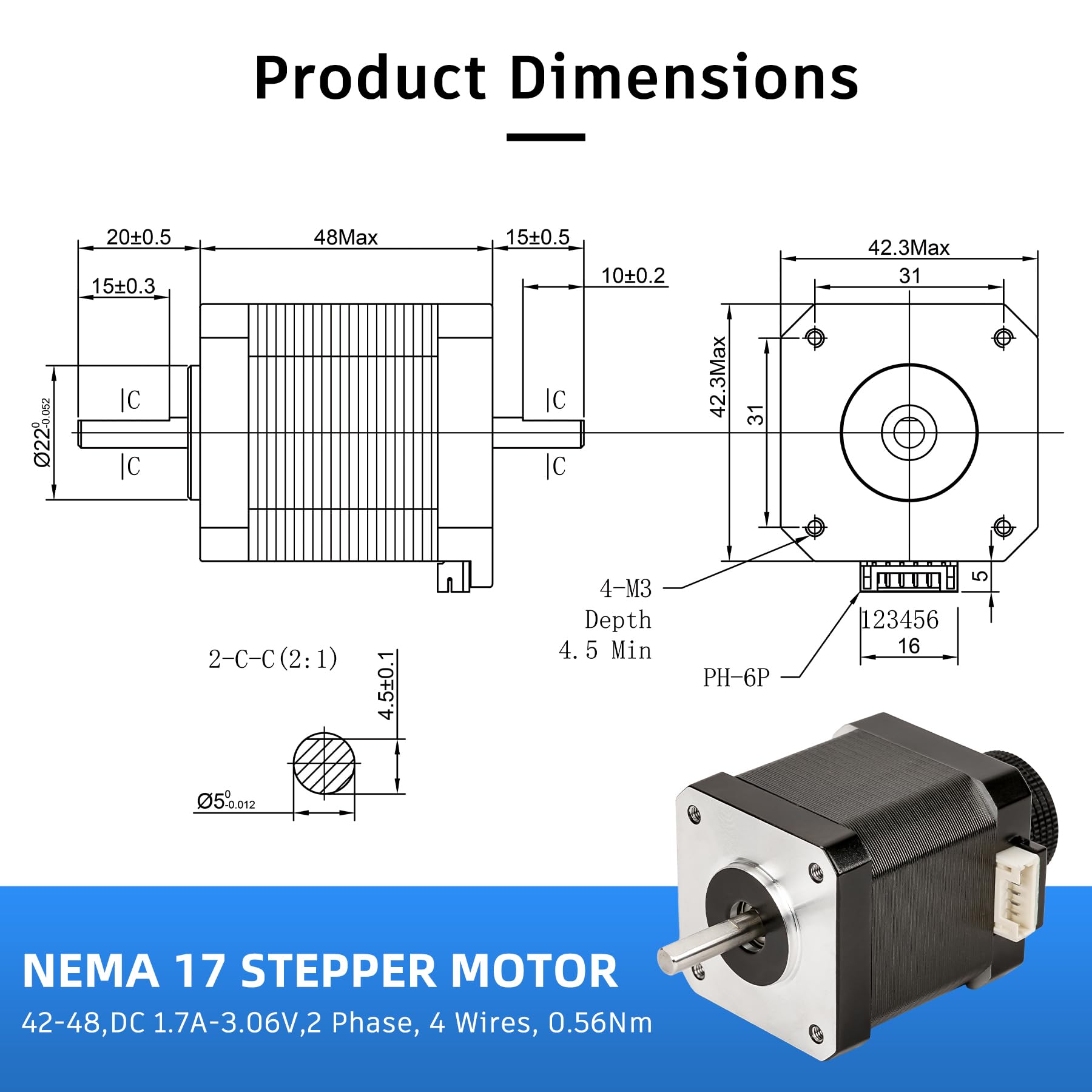 3 db Nema17 léptetőmotor 42x48mm 1,7A 56Ncm 0,8m-es bipoláris kábellel