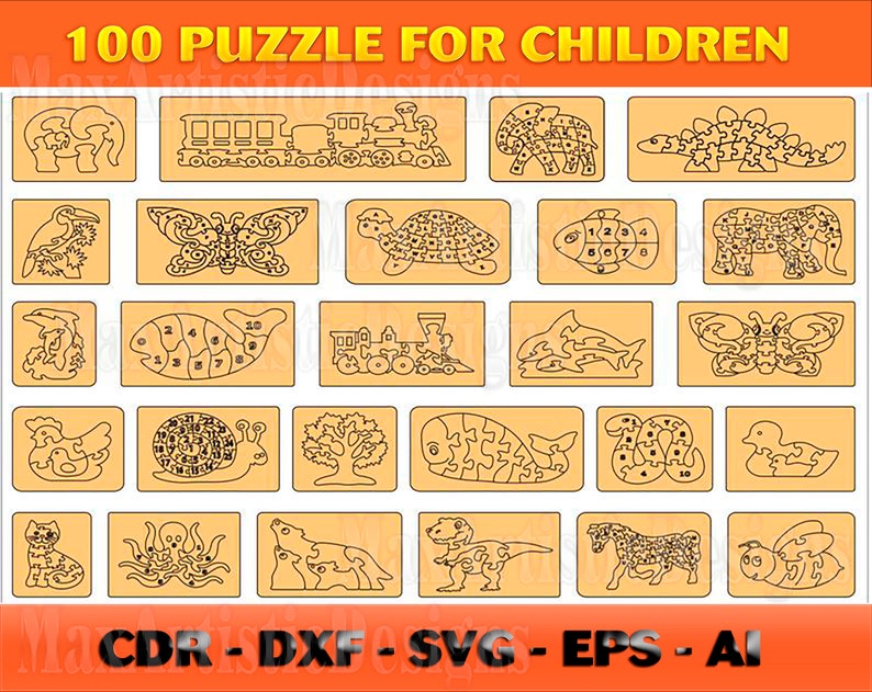 100 + Puzzle Vector 2d pour enfants SVG CDR DXF Cut Cnc Plasma Cricut - Télécharger 