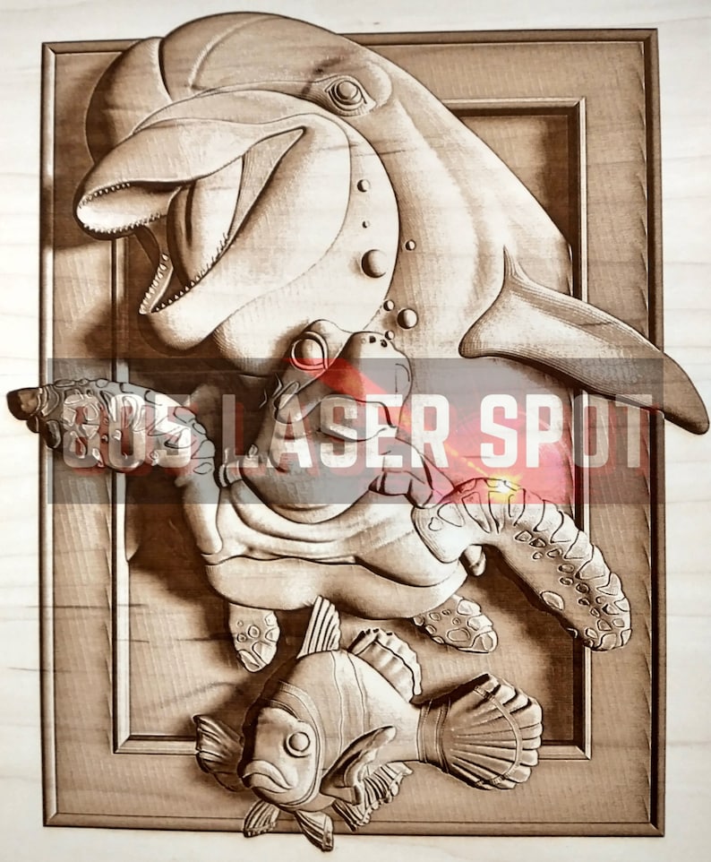 Digital Design File - Dolphin Turtle and Fish Laser Ready - Engrave - SVG - 10" x 8.2" - Wood Engraving - 3D Illusion