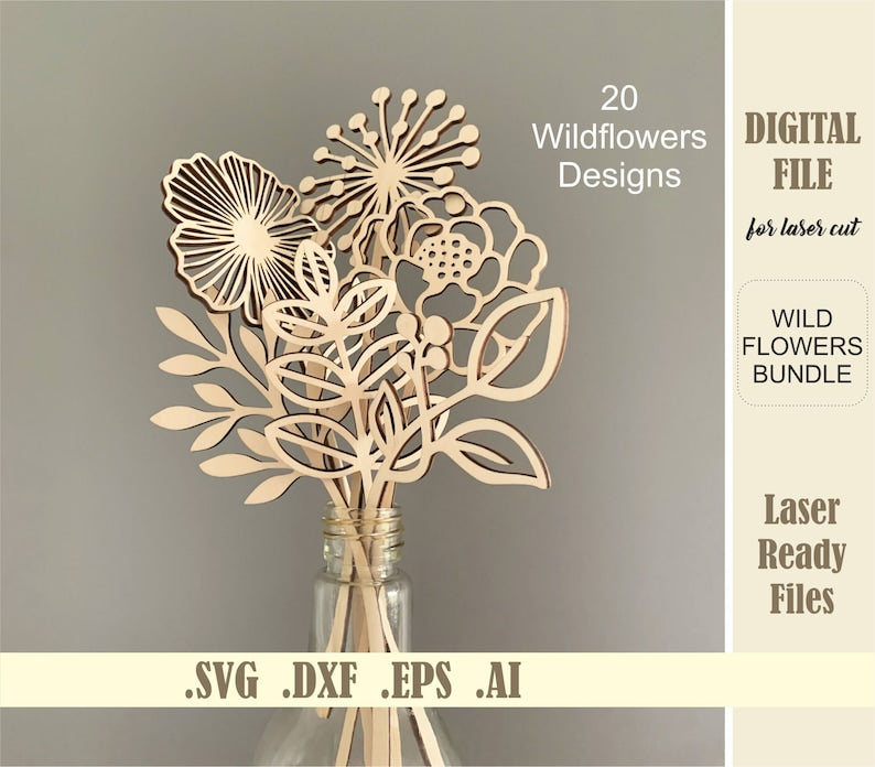 Wildflowers SVG Bundle, Laser Cut Glowforge Cricut Digital download Files, Vector Wild Flowers Bouquet for Mom Wood Florals Mothers day gift