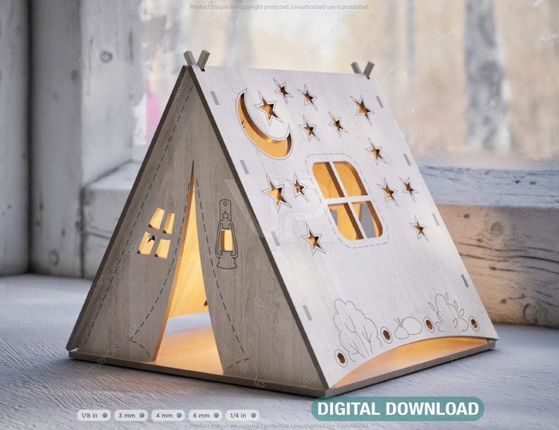 Wooden Tent Shape Night Light Lamp Laser Cutting Camping Tent Home Lampshade Table Candle Holder Tea Digital Download | SVG, DXF, AI