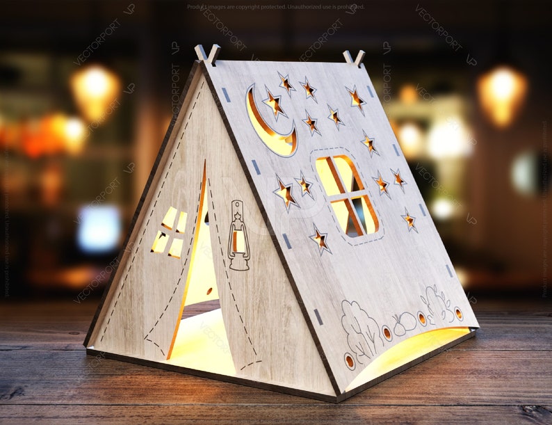 Wooden Tent Shape Night Light Lamp Laser Cutting Camping Tent Home Lampshade Table Candle Holder Tea Digital Download | SVG, DXF, AI