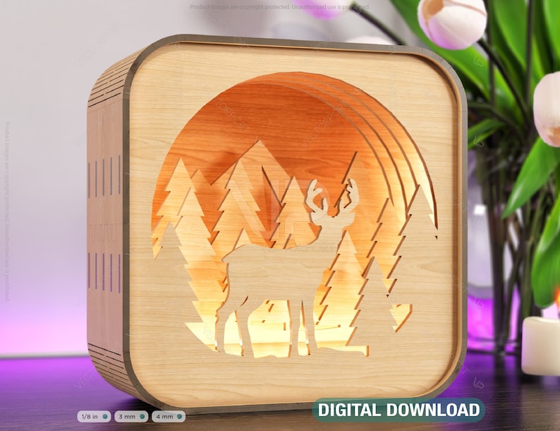 Lampe de nuit en bois Cerf Scène de forêt Multicouche Shadowbox Abat-jour découpé au laser Lampe de table Téléchargement numérique 