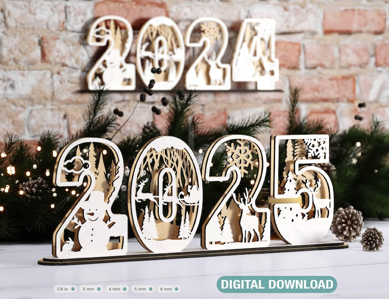 2025 Standing Number 3D Christmas Decoration with Snowy New Year Scene Multilayer Laser cut Digital Download